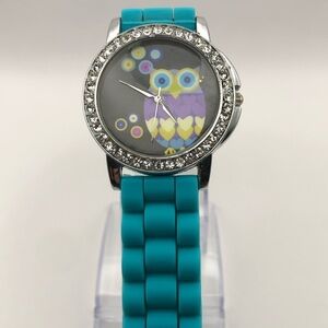 Women’s Twinkle Owl Watch Teal Silicone Band (New Battery) Diamond Bezel
